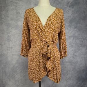 Free People Dress Womens XS Brown Cream Pink Floral Clara Wrap Mini Bohemian